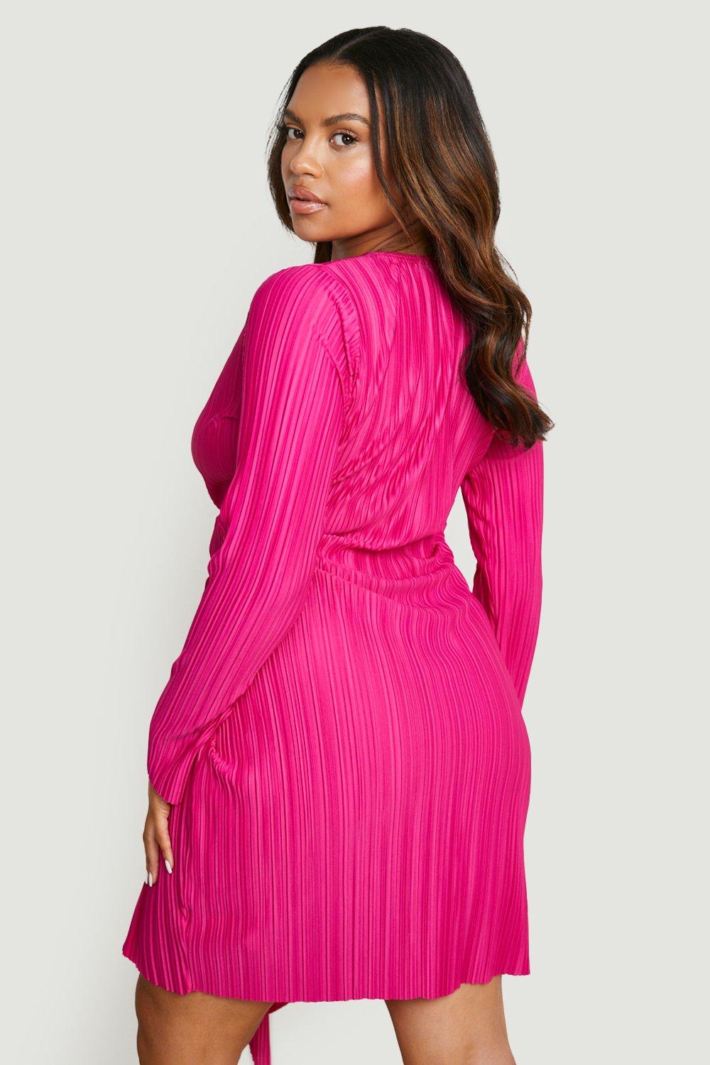 Tie neck rose red store long sleeve pleated dress